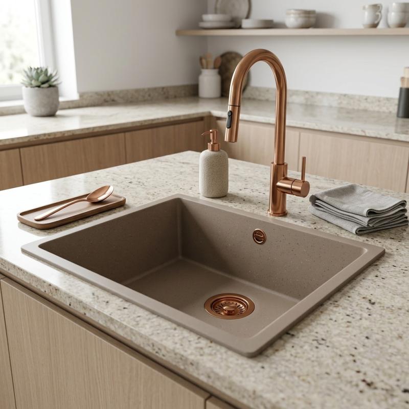 GraniteMy Universal granieten taupe spoelbak 50x40 cm opbouw, onderbouw en vlakinbouw met koperen plug 1208967225